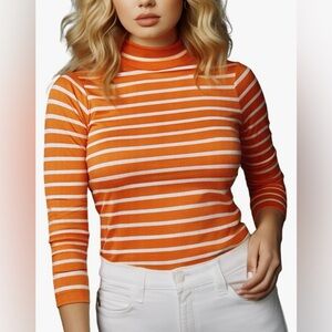Striped Mockneck Long Sleeve Shirt Orange White Small